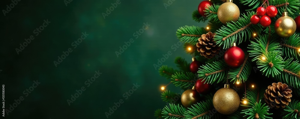 Green Christmas tree with golden red berries and pinecones, seasonal decor, winter wonderland, decoration Green Christmas tree with golden red berries and pinecones, seasonal decor, winter wonderland, decoration