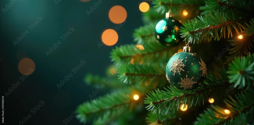 Green evergreen branch adorned with fairy lights and glass balls, green tree branches, glass balls Green evergreen branch adorned with fairy lights and glass balls, green tree branches, glass balls