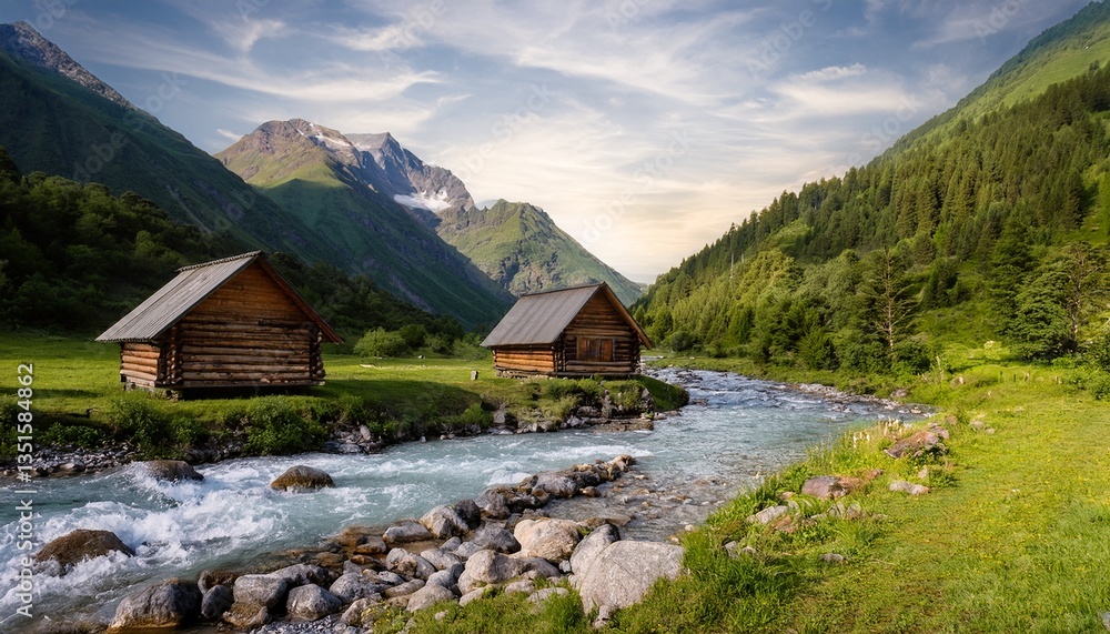 Fototapeta premium scenic mountain landscape with river and wooden cabins in nature