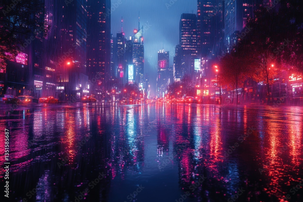 Rainy night cityscape neon reflections New York City Rainy night cityscape neon reflections New York City