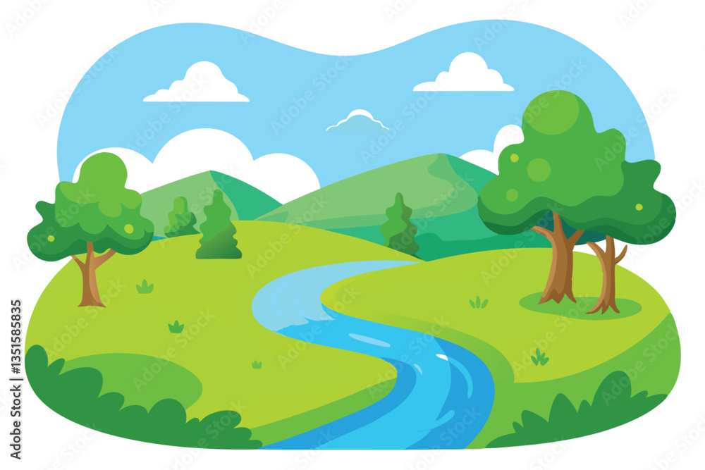Obraz premium Vibrant Flat Cartoon Landscape with River, Trees, Hills and Cloudy Sky Scenery