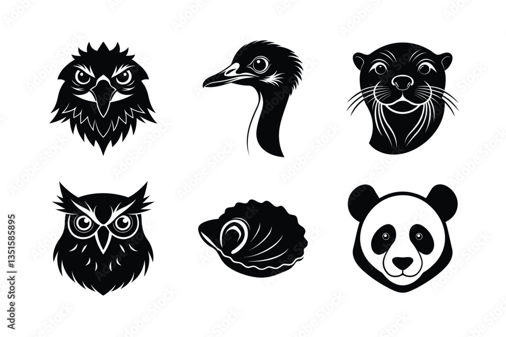 Fototapeta premium Various types of animal head silhouette vector illustration