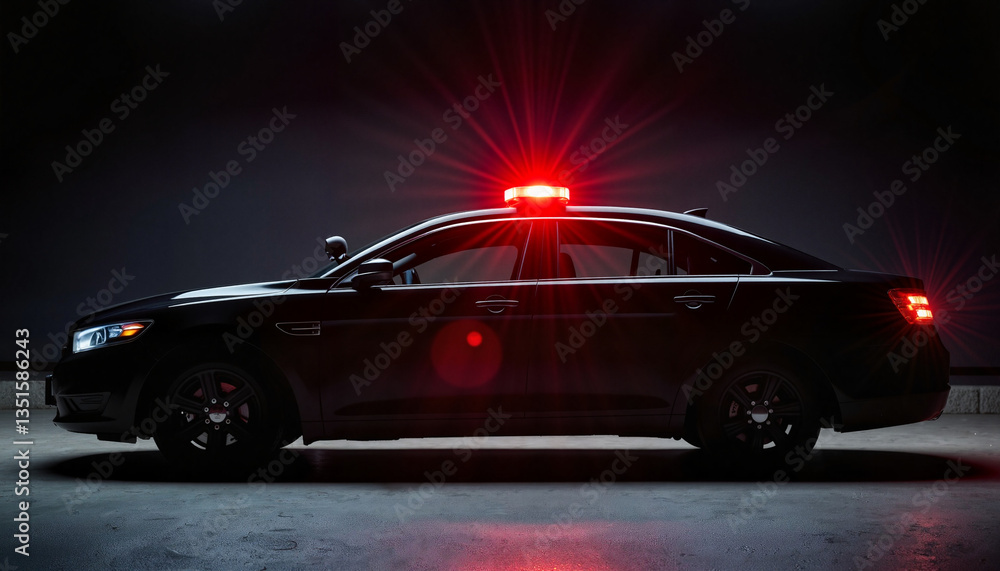 Fototapeta premium Sleek black police vehicle glowing under bright light, law enforcement