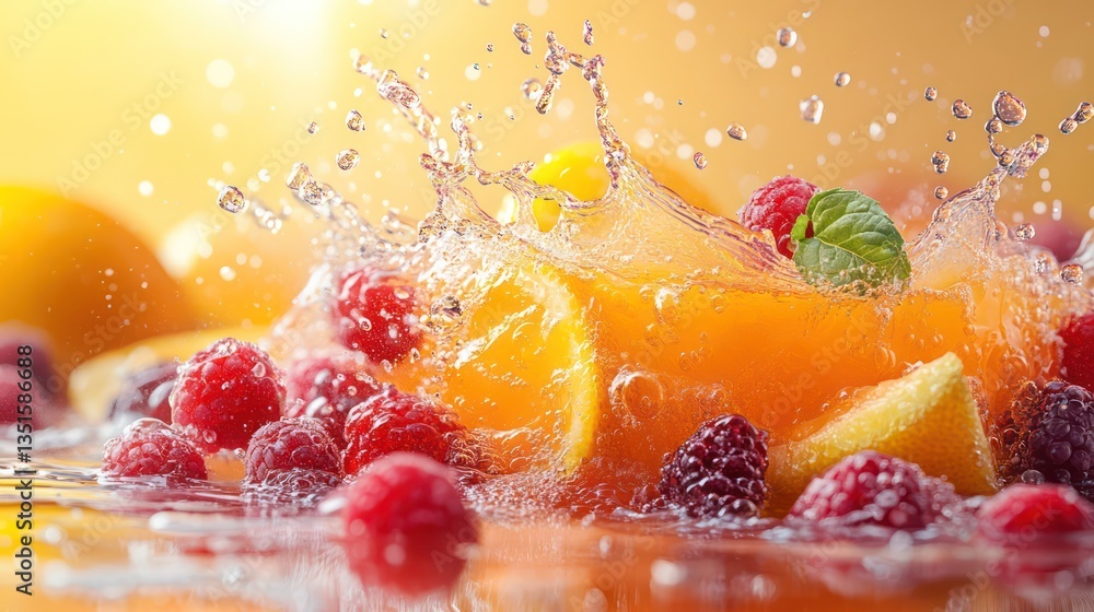 Splashing Fruit Juice with Raspberries and Oranges Splashing Fruit Juice with Raspberries and Oranges