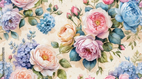 Fototapeta Naklejka Na Ścianę i Meble -  Pastel Roses and Hydrangeas Watercolor Floral Print