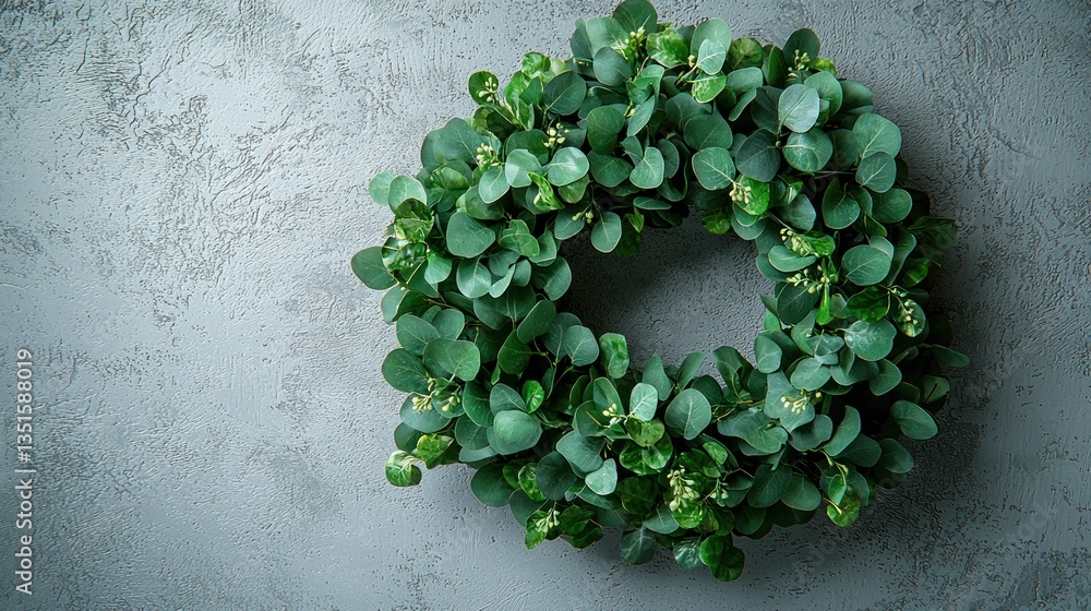 A lush green eucalyptus wreath on a textured gray background.