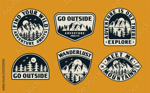 Vintage adventure badge vector set with mountain landscapes, pine trees, and motivational outdoor quotes. Perfect for apparel, stickers, branding, and nature-inspired designs.