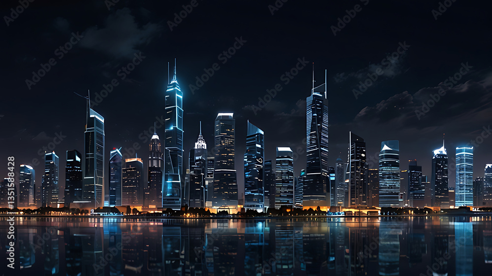 Fototapeta premium A stunning nighttime city skyline featuring tall skyscrapers