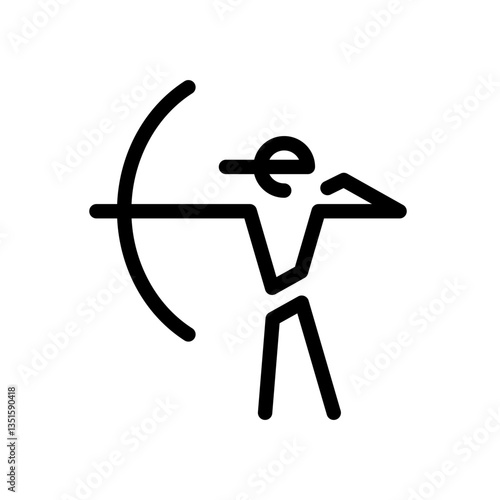 Archer logo featuring a man standing and aiming a loaded bow. Simple minimalistic black line style symbol of archery club. Editable stroke.