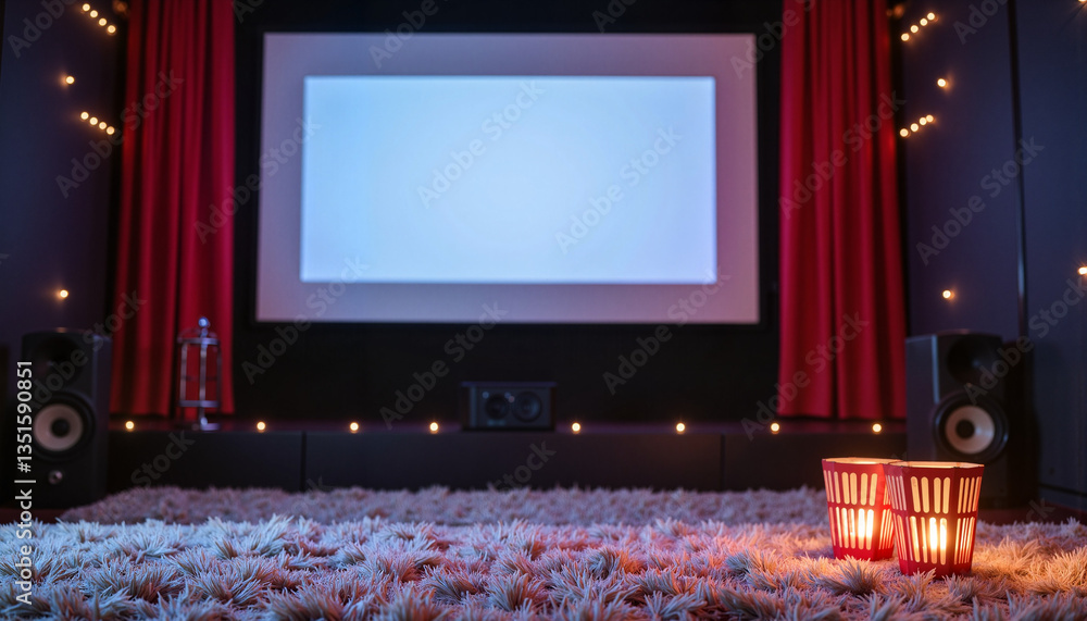Cozy movie night setting with soft carpet and projector screen, relaxation