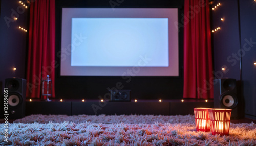 Obraz na płótnie Cozy movie night setting with soft carpet and projector screen, relaxation w salonie