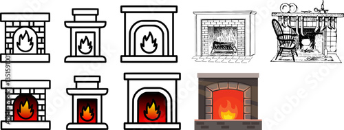 Fireplace Vector Set with Chimney, Hearth, Mantel & Stove - Cozy Winter Home Decor