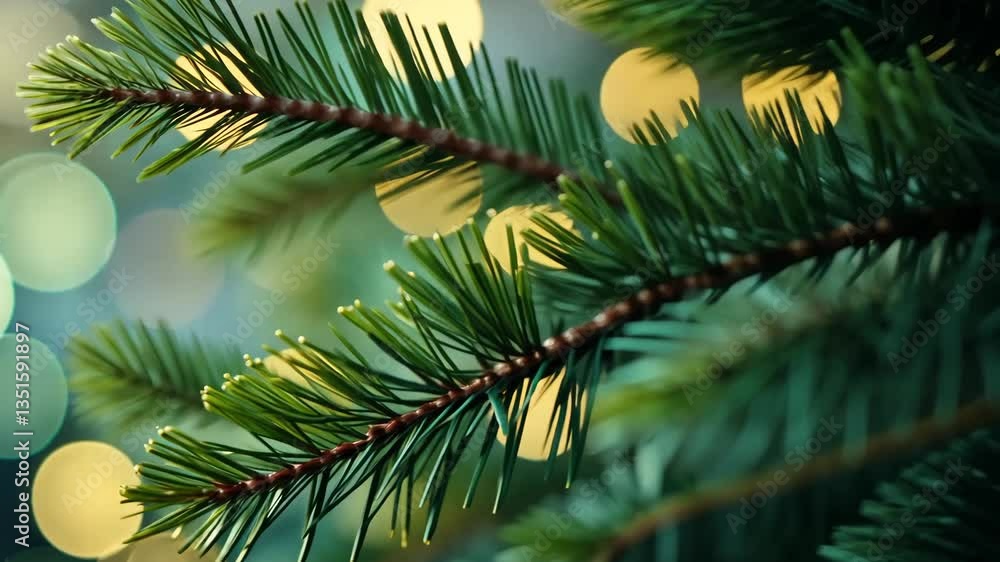 Close Up View of Evergreen Pine Branches with Bokeh Lights in Blurred Background Close Up View of Evergreen Pine Branches with Bokeh Lights in Blurred Background