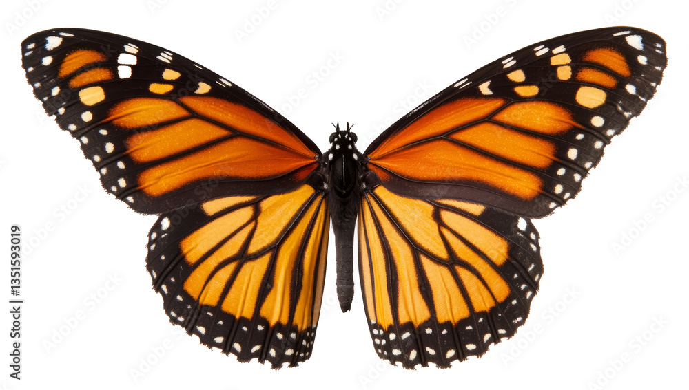 Fototapeta premium A monarch butterfly with spread wings on a white background.