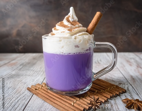 ube latte in a glass mug with whipped cream and cinnamon a cozy and creamy purple yam beverage for indulgence image made using generative ai