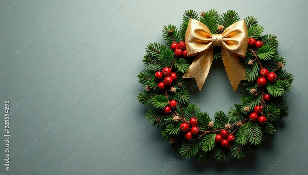 Decorative wreath with golden bow and red berries, holiday, wreaths Decorative wreath with golden bow and red berries, holiday, wreaths