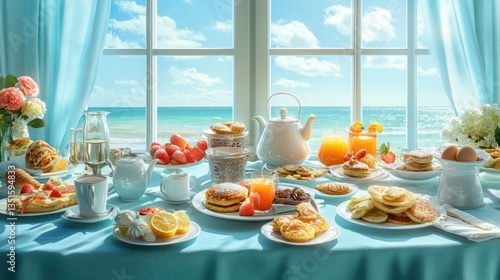 A beautifully set breakfast table overlooking a turquoise sea view