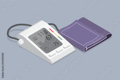 Tonometer for blood pressure measurement. Medical equipment. Heart disease. 3d flat isometric vector illustration.