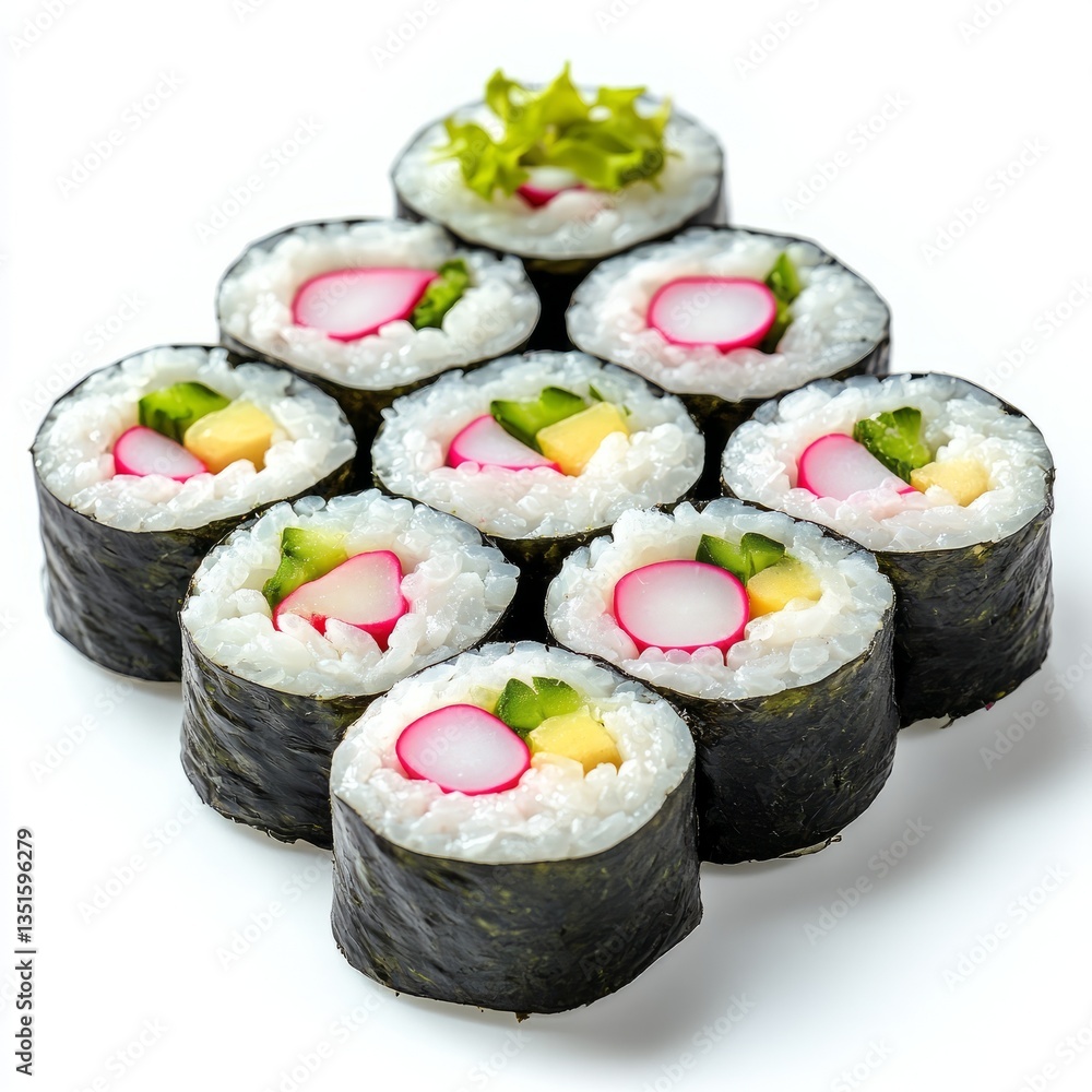 A delightful arrangement of six sushi rolls wrapped in seaweed, filled with rice and vibrant vegetables like radishes, presented in an artistic hexagonal layout. A delightful arrangement of six sushi rolls wrapped in seaweed, filled with rice and vibrant vegetables like radishes, presented in an artistic hexagonal layout.