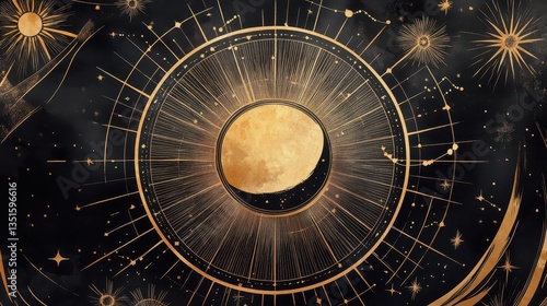 Celestial map illustration featuring moon sun constellations and stars