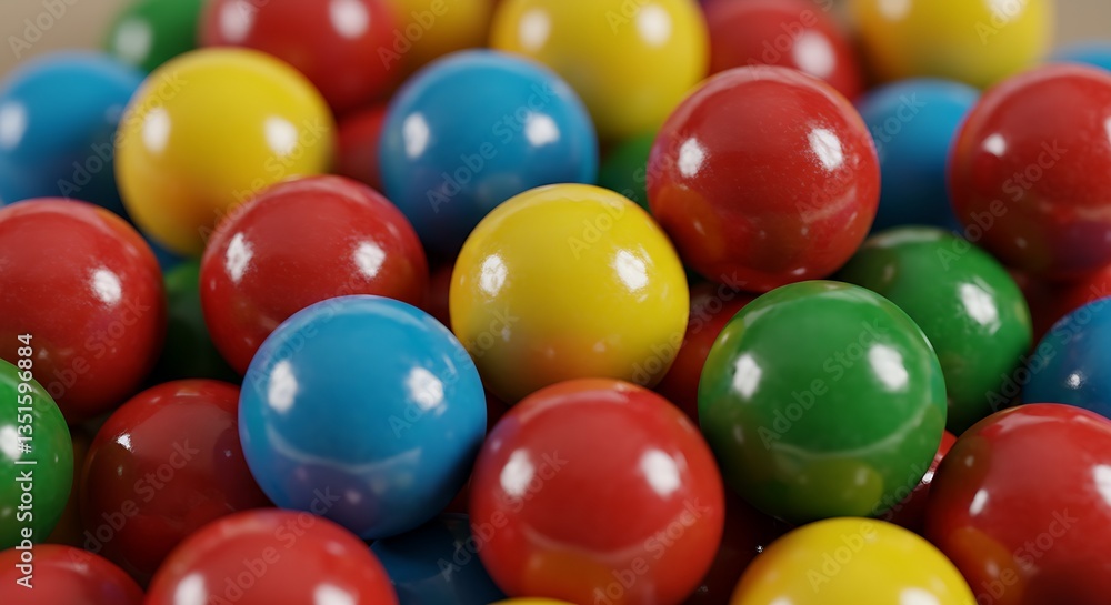 A close-up of round, shiny gumballs in bright colors like red, blue, yellow, and green. A close-up of round, shiny gumballs in bright colors like red, blue, yellow, and green.