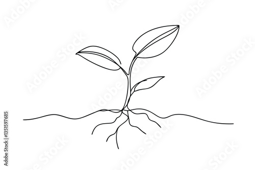Singleline drawing of a sprouting plant with roots in soil