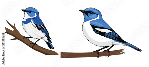 A cute blue bird perched on a branch in a wintery nature scene with a blue tit, featuring a simple, cartoon-style illustration of wildlife and birds in a tree