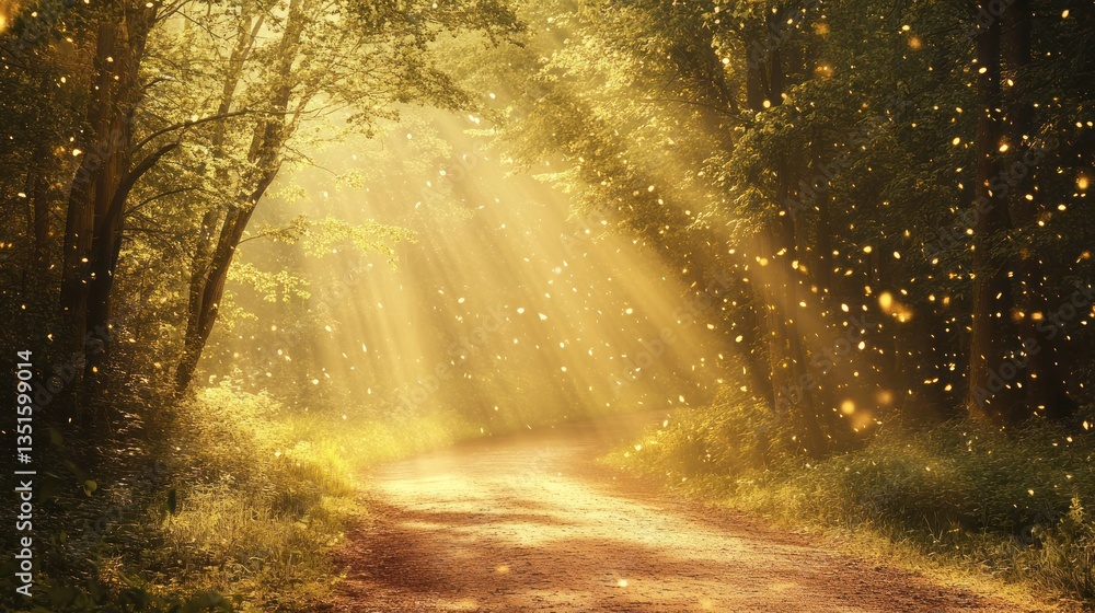 Obraz premium Magical Forest Path Radiating Sunlight