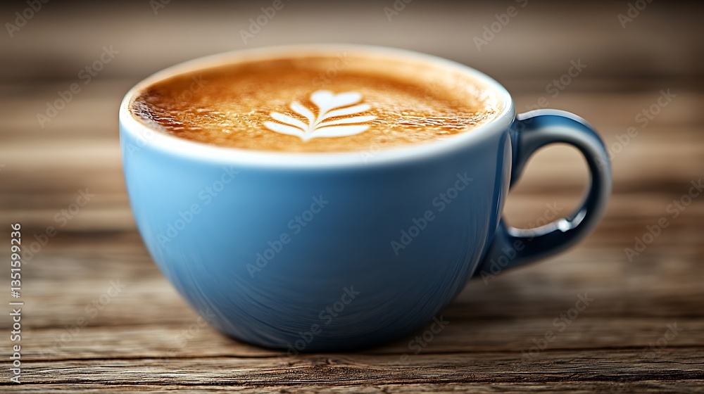 Fototapeta premium A Beautiful Blue Mug Containing Rich Latte Art Coffee Beverage
