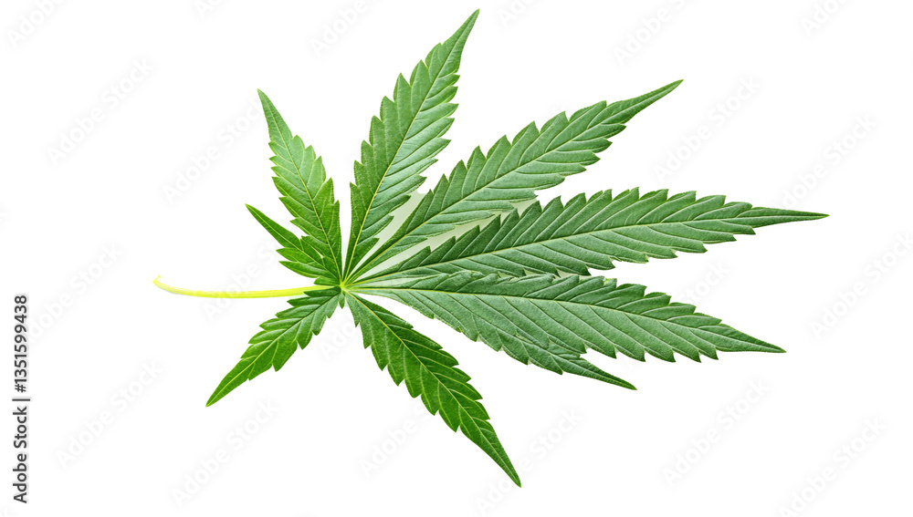 A single cannabis leaf is isolated against a white background. The leaf is green with serrated edges and a central stem. It has a distinctive palmate shape with multiple leaflets radiating from a cent A single cannabis leaf is isolated against a white background. The leaf is green with serrated edges and a central stem. It has a distinctive palmate shape with multiple leaflets radiating from a cent