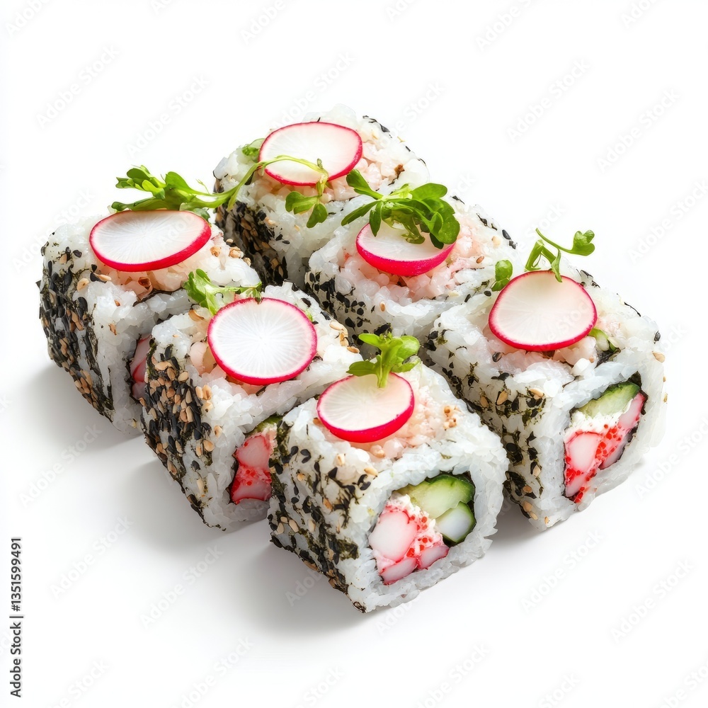 Nine Pieces of Radish and Cucumber Makizushi Rolls, Arranged in a Grid Pattern on a White Background, Showcasing a Light and Refreshing Japanese Dish. Nine Pieces of Radish and Cucumber Makizushi Rolls, Arranged in a Grid Pattern on a White Background, Showcasing a Light and Refreshing Japanese Dish.