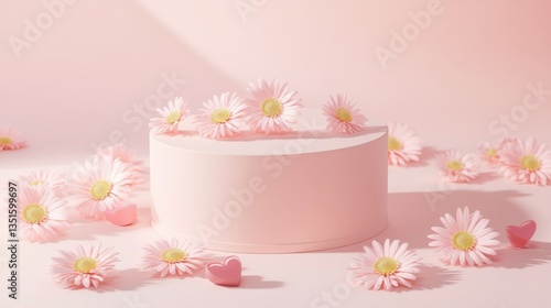 Wallpaper Mural a podium mockup with pink daisy flowers and hearts flying around on a pastel background. Valentine's Day concept Torontodigital.ca