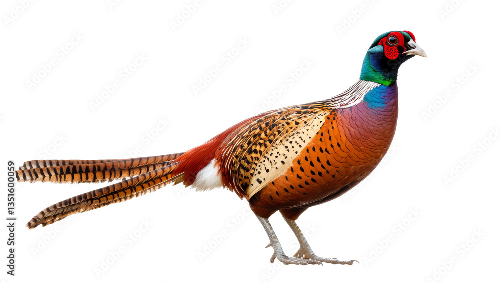 Fototapeta premium A male pheasant stands in profile against a plain white background. The pheasant has colorful plumage with speckled and striped patterns, and a long, pointed tail. It has a red, green, and blue head, 