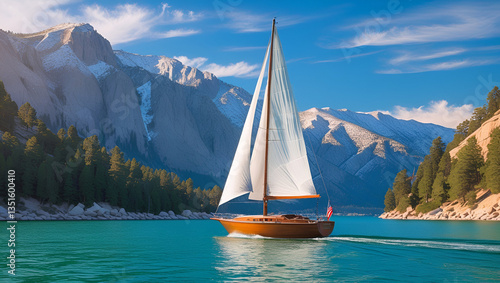 sailing boat on the lake mountain view.