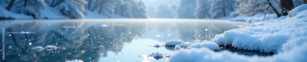 powdery flakes gently falling on a frozen lake, peacefulness, snowfall powdery flakes gently falling on a frozen lake, peacefulness, snowfall