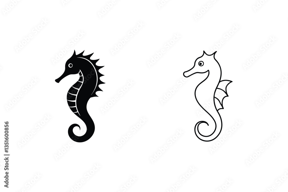 Fototapeta premium Two Seahorse Illustrations Black Silhouette and Outline Design
