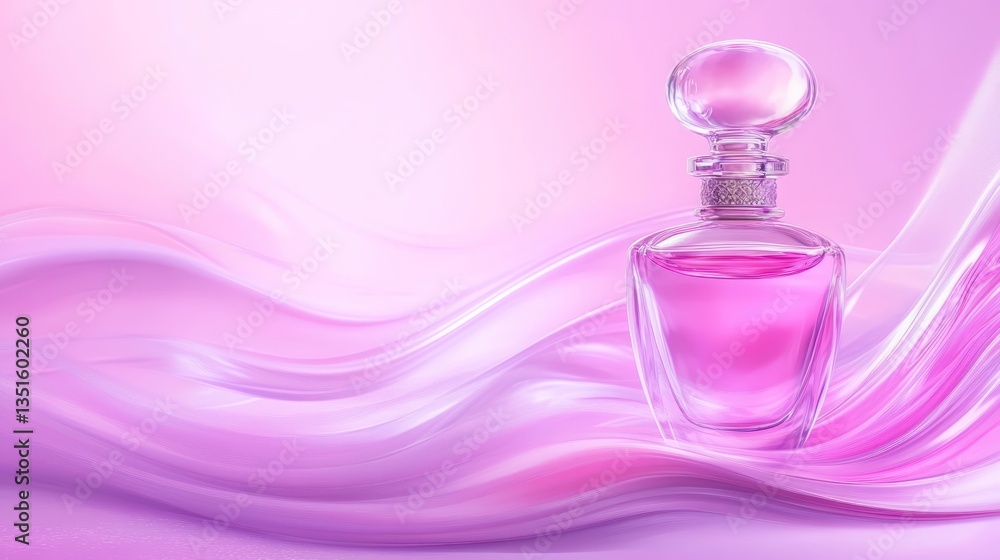 Pink Perfume Bottle on Abstract Pink Waves Background Pink Perfume Bottle on Abstract Pink Waves Background