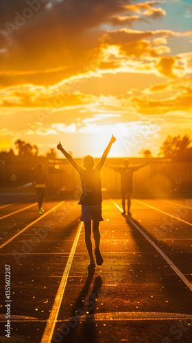 Triumphant Athlete Celebrating a Victorious Win at Sunset on the Track