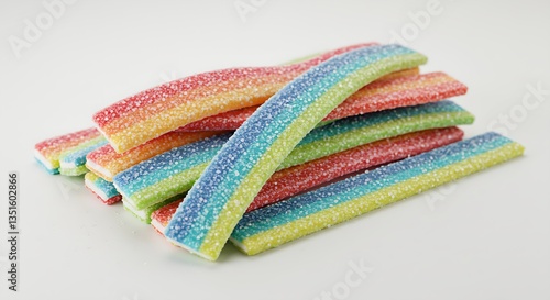 Long, flat, sugar-coated sour belts in rainbow colors, slightly curled.