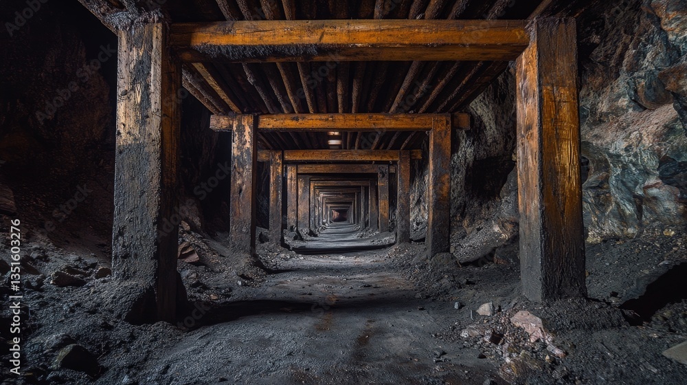 An old coal mine with wooden support beams. An old coal mine with wooden support beams.