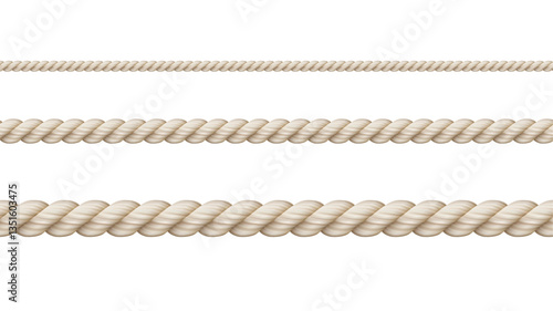 Straight realistic vector ropes on a white background. Decorative rope.
