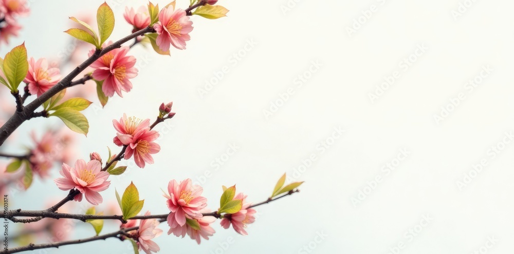 Springtime leaves and branches against a clean white space, abstract, clean Springtime leaves and branches against a clean white space, abstract, clean