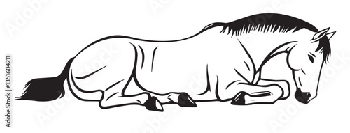 Resting Horse Vector Illustration: A Detailed Graphic Design of a Reclining Equine in Black and White.

