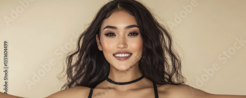 Wallpaper Mural Beautiful woman with wavy hair smiling brightly in a studio setting during daylight hours Torontodigital.ca