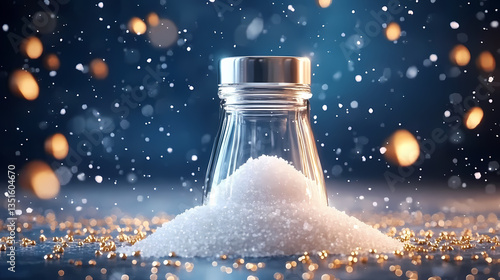 Salt Bottle with Golden Particles on Dark Surface