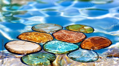 Colorful Smooth Pebbles Under Clear Water in a Tranquil Pool
