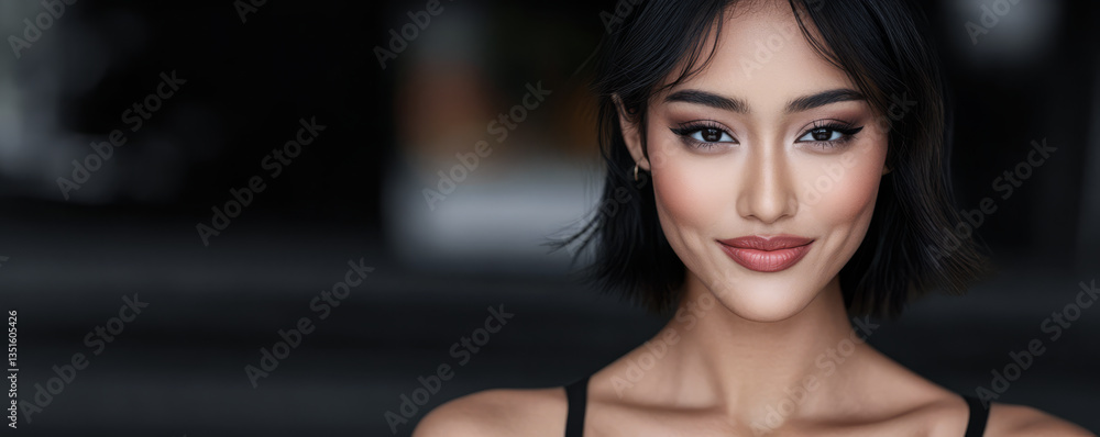 Model poses confidently with a warm smile in an outdoor urban setting during daylight hours Model poses confidently with a warm smile in an outdoor urban setting during daylight hours