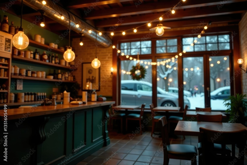 Twinkling string lights adorn the coffee shop's wooden beams, cozy, Christmas, winter Twinkling string lights adorn the coffee shop's wooden beams, cozy, Christmas, winter