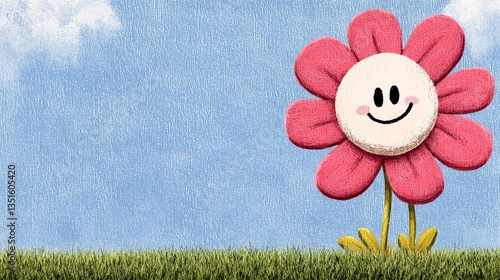 Colorful Smiling Flower in a Blue Sky with Fluffy Clouds and Light Rain
