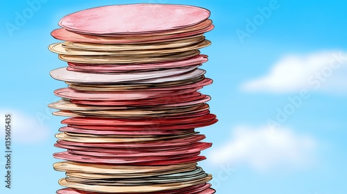 Colorful Stack of Circular Shapes Against a Bright Blue Sky with Fluffy White Clouds